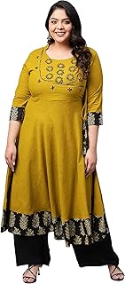 Women's Cotton Embroidered Indian Stand Collar3/4 Sleeve Anarkali Kurtis For Summer
