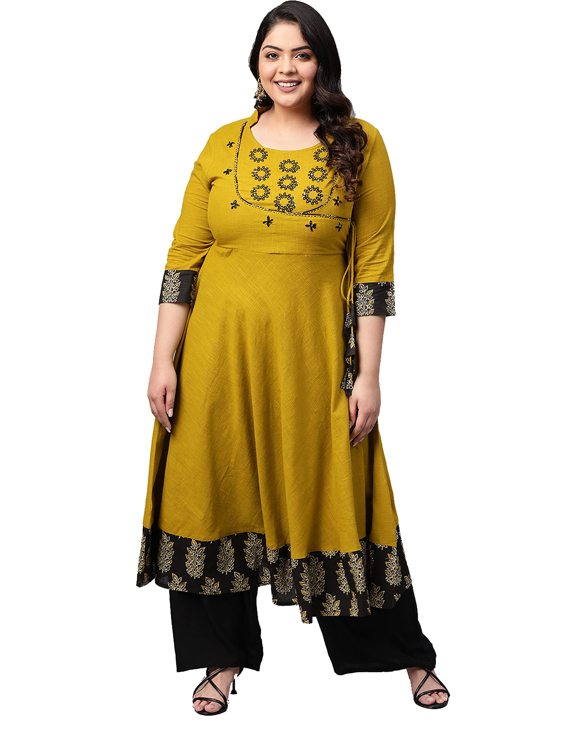 Yash Gallery Women's Cotton Relaxed Fit Angrakha Slub Sequin Work Kurta