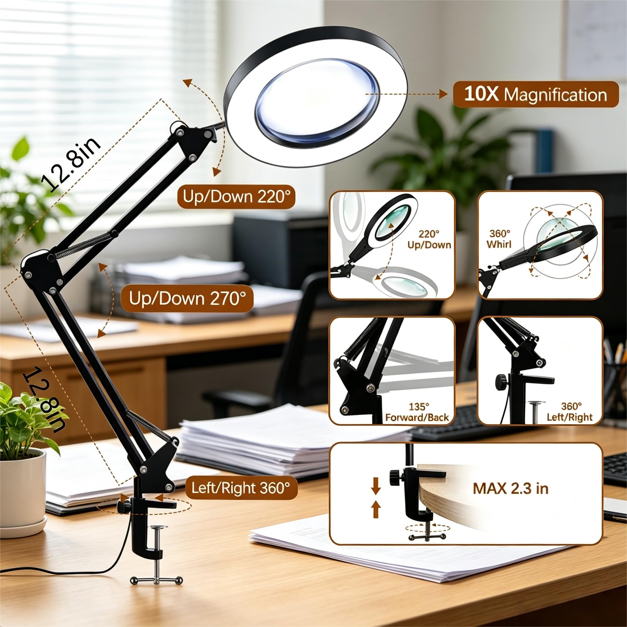 Lupa de 10 aumentos con luz y abrazadera, lupa con luz manos libres, 3 modos de color regulables, 72 LED de lente de cristal real para trabajo cercano, reparación, lectura, manualidades