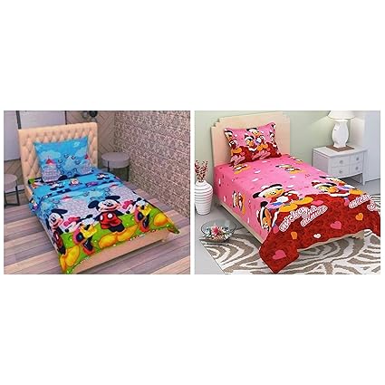 Soniasaa 180 TC Cotton-Blend Single Sized 2 Bedsheet with 2 Pillow Covers ( Combo Pack) Pink and Blue Micky Mouse, Kids