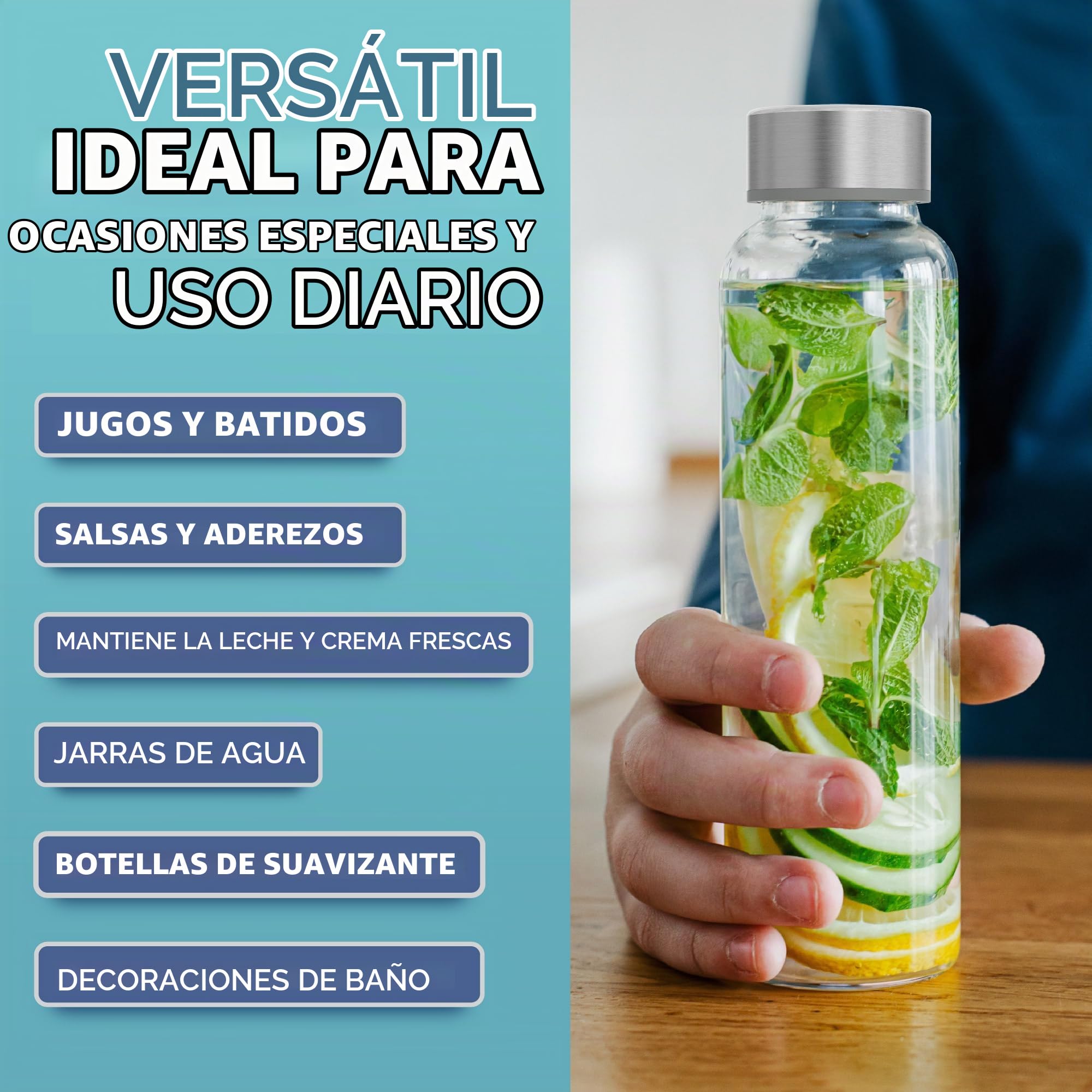 HEFTMAN Botellas de cristal de 500ml con tapa, botella de agua de vidrio vacía, hermética, a prueba de fugas, tapa de acero inoxidable, agua, batidos, botellas de zumo para trabajo, gimnasio, hogar