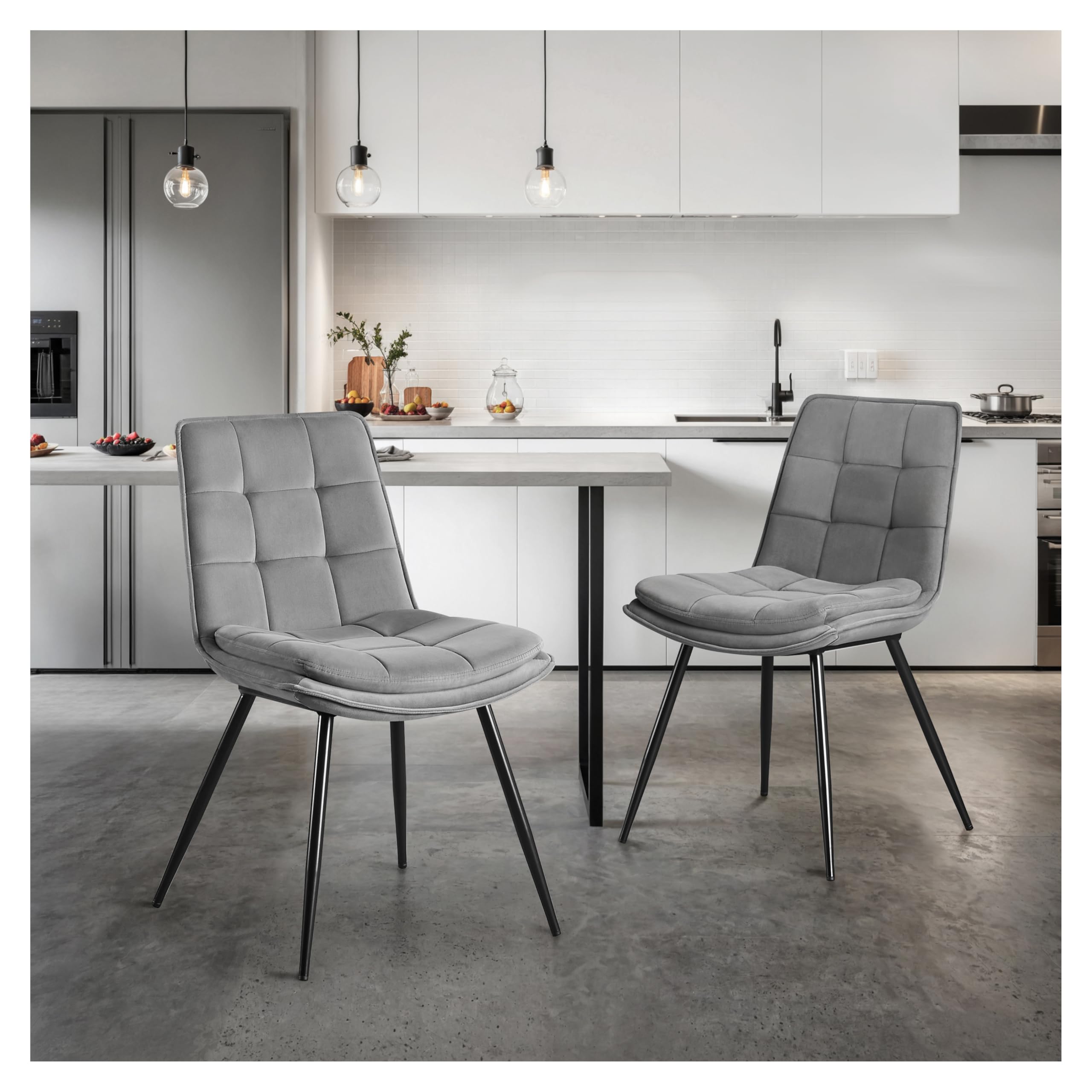 STOOLINK Juego de 2 Sillas de Comedor, Silla de Comedor de Terciopelo, Silla de Cocina Moderna sin Reposabrazos, Silla de Tapizadas Diseño de Tablero de Ajedrez para Cocina, Salón - Gris