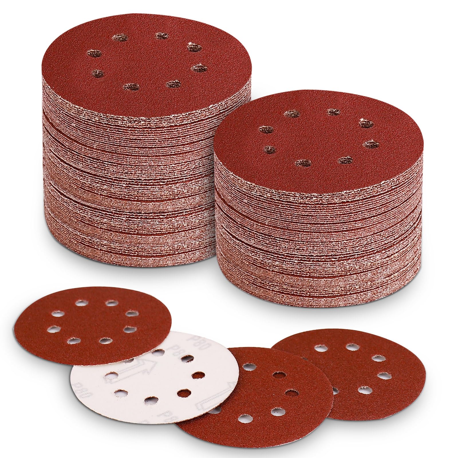 100 discos de lija de grano 80 de 5 pulgadas para lijadora orbital aleatoria, papel de lija redondo