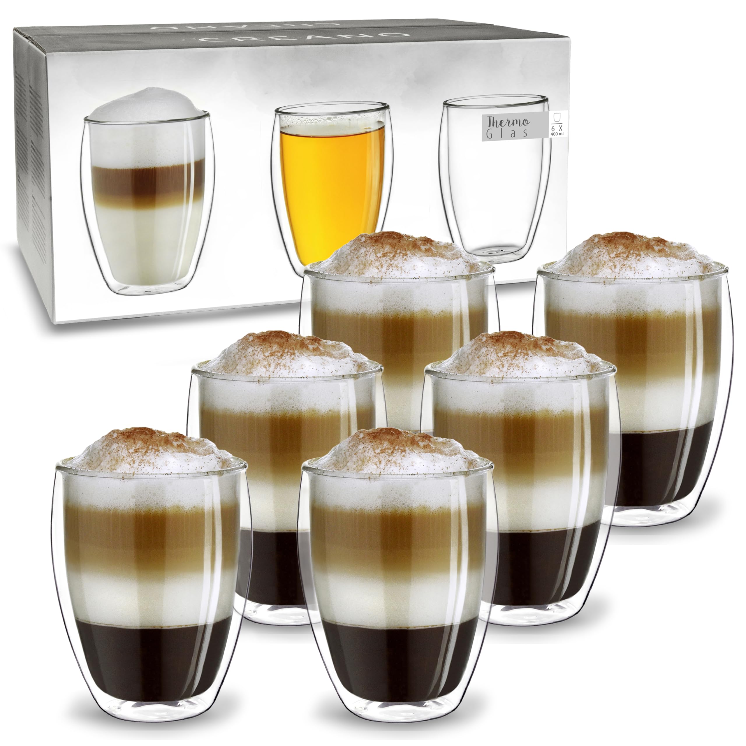 Creano Double Walled High Glasses 400ml – Set of 6 Luxurious Insulated Borosilicate Glasses for Coffee & Tea – Perfect Christmas or Birthday Present for Families – Set of 6 — image 1
