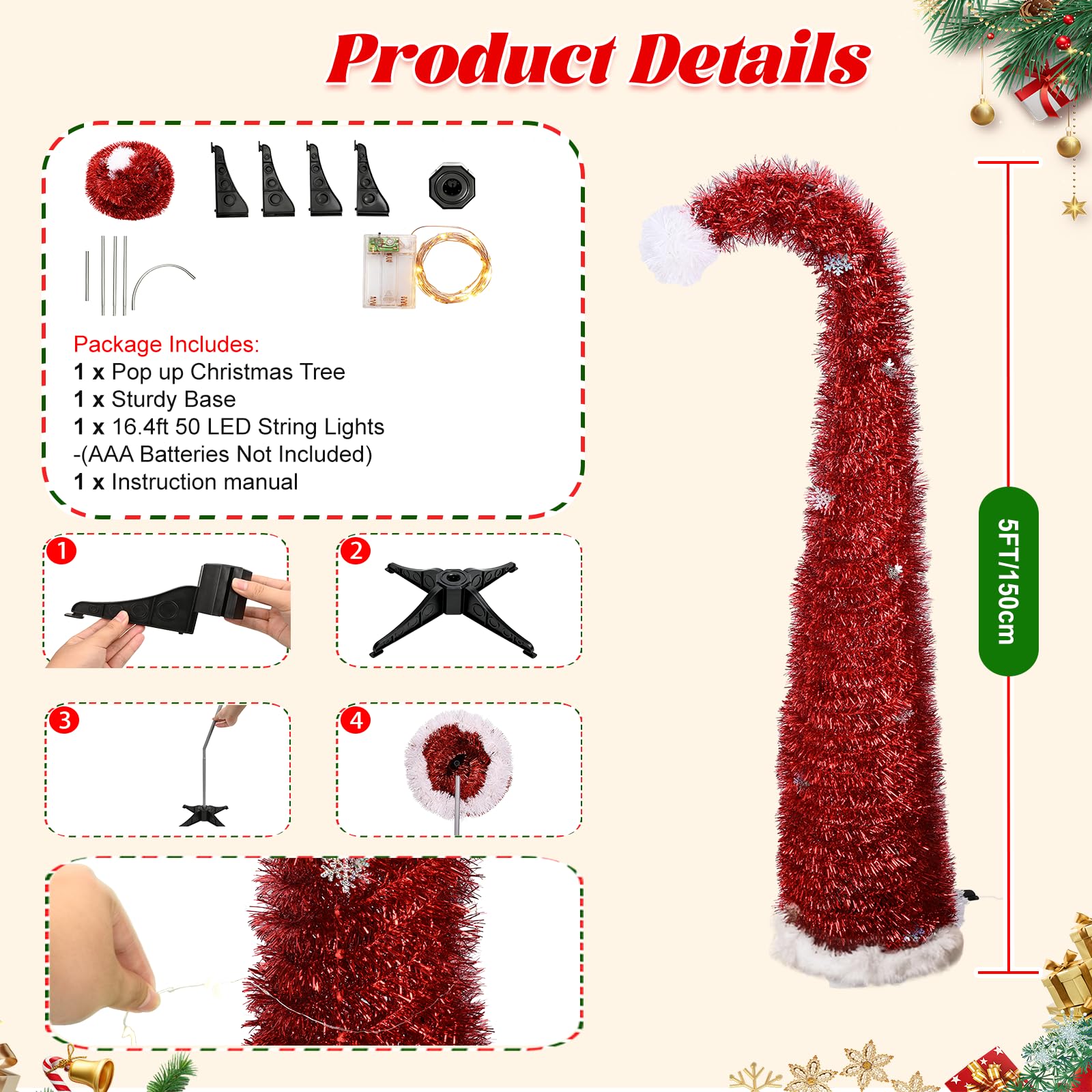 150cm Albero di Natale pop up slim a forma di cappello di Babbo Natale rosso con fiocchi di neve, albero di Natale pieghevole veloce per camera, aula, ufficio e feste