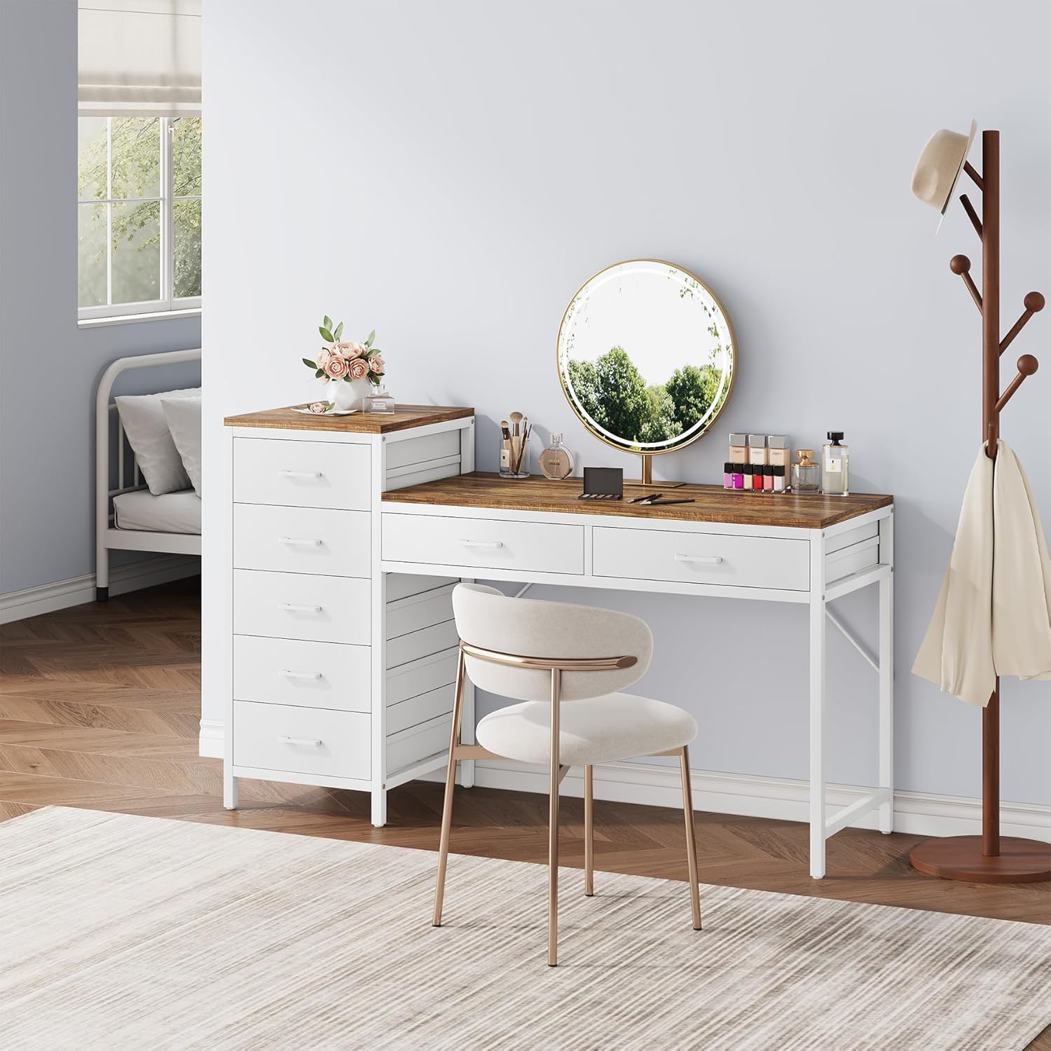 Vanity Desk with 7 Drawers, 55 inch Makeup Vanity Table with Reversible Drawer for Women, Girls, White and Brown (Without Mirror)