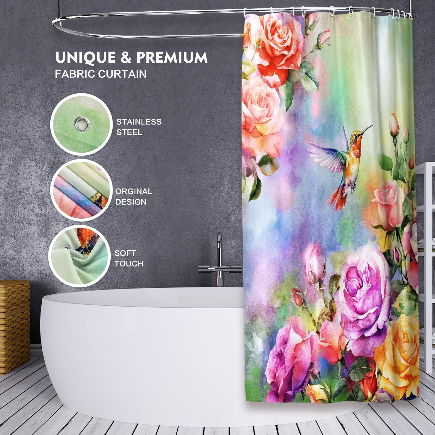 Lokigo Shower Curtain Hummingbird Floral Shower Curtain Sets, Spring Watercolor Flowers Blossom Bathroom Shower Curtain Floral Plant Nature Shower Curtains with Hooks, 72 x 72 Inch