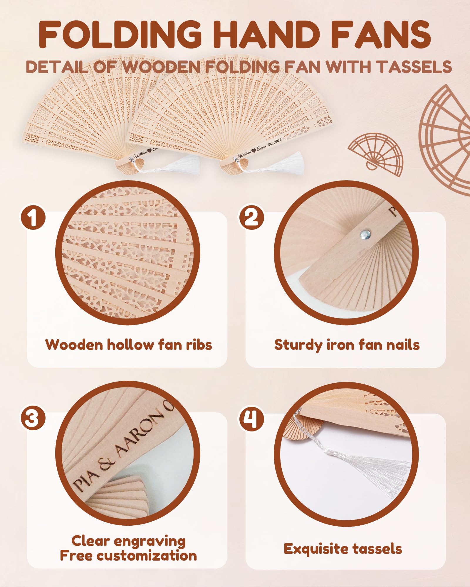 10 Piezas Abanicos de Madera Personalizados Abanicos Plegables de Madera de Sándalo para Fiesta Regalo de Novia Regalo de Boda para Invitados (10)