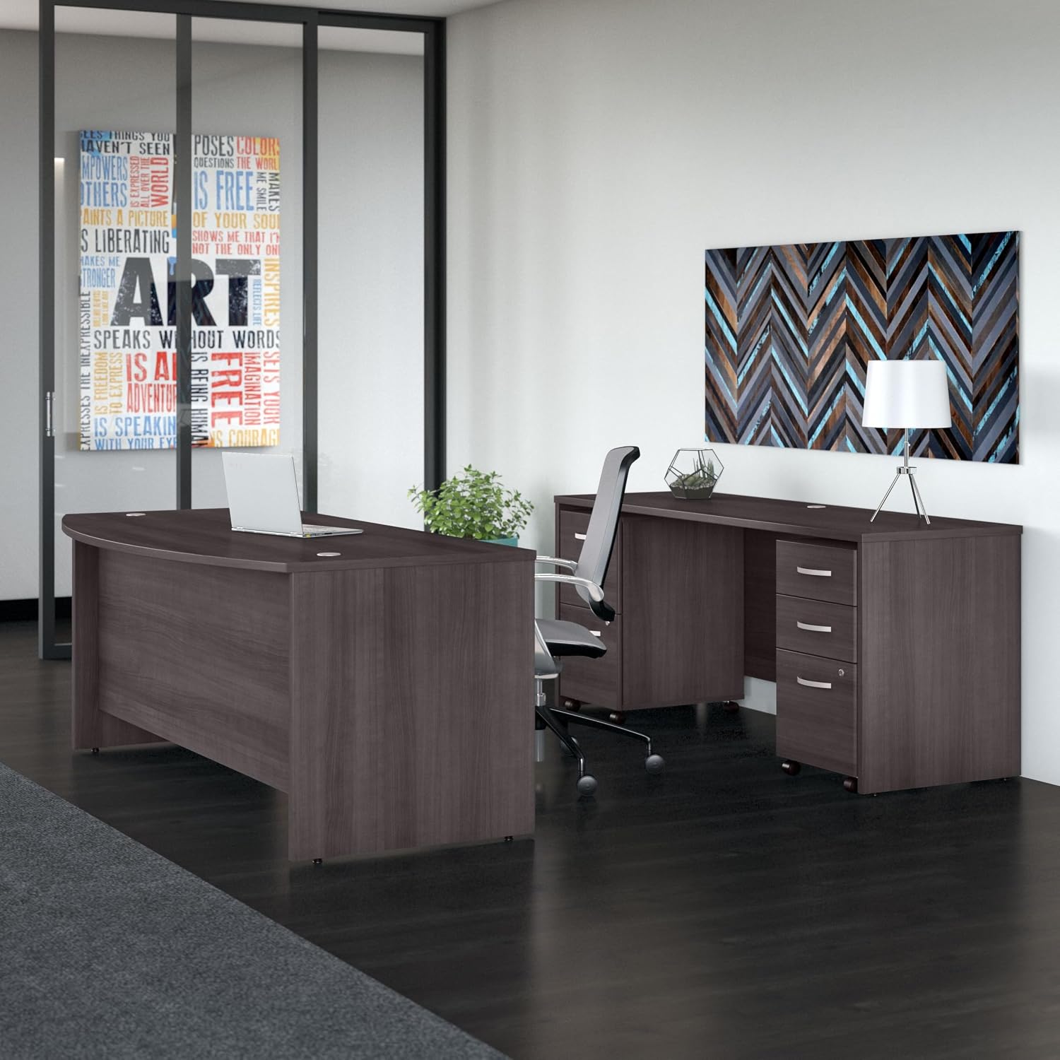 Bush Business Furniture Studio C Bow Front Desk and Credenza with Mobile File Cabinets, 72W x 36D, Storm Gray