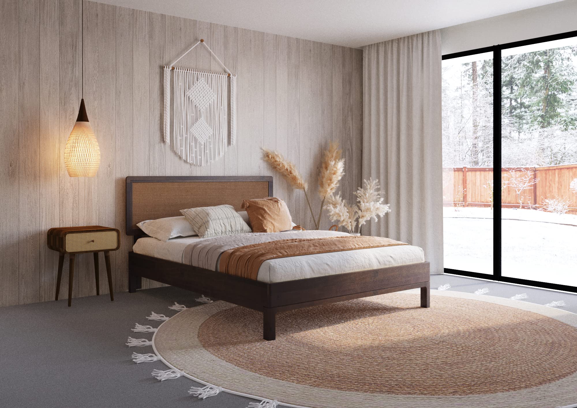 Bme Nipe 14 Inch Deluxe Bed Frame with Adjustable Headboard - Rustic & Bohemian Unique Style with Acacia Wood - No Box Spring Needed - 12 Strong Wood Slat Support - Easy Assembly - Queen, Walnut