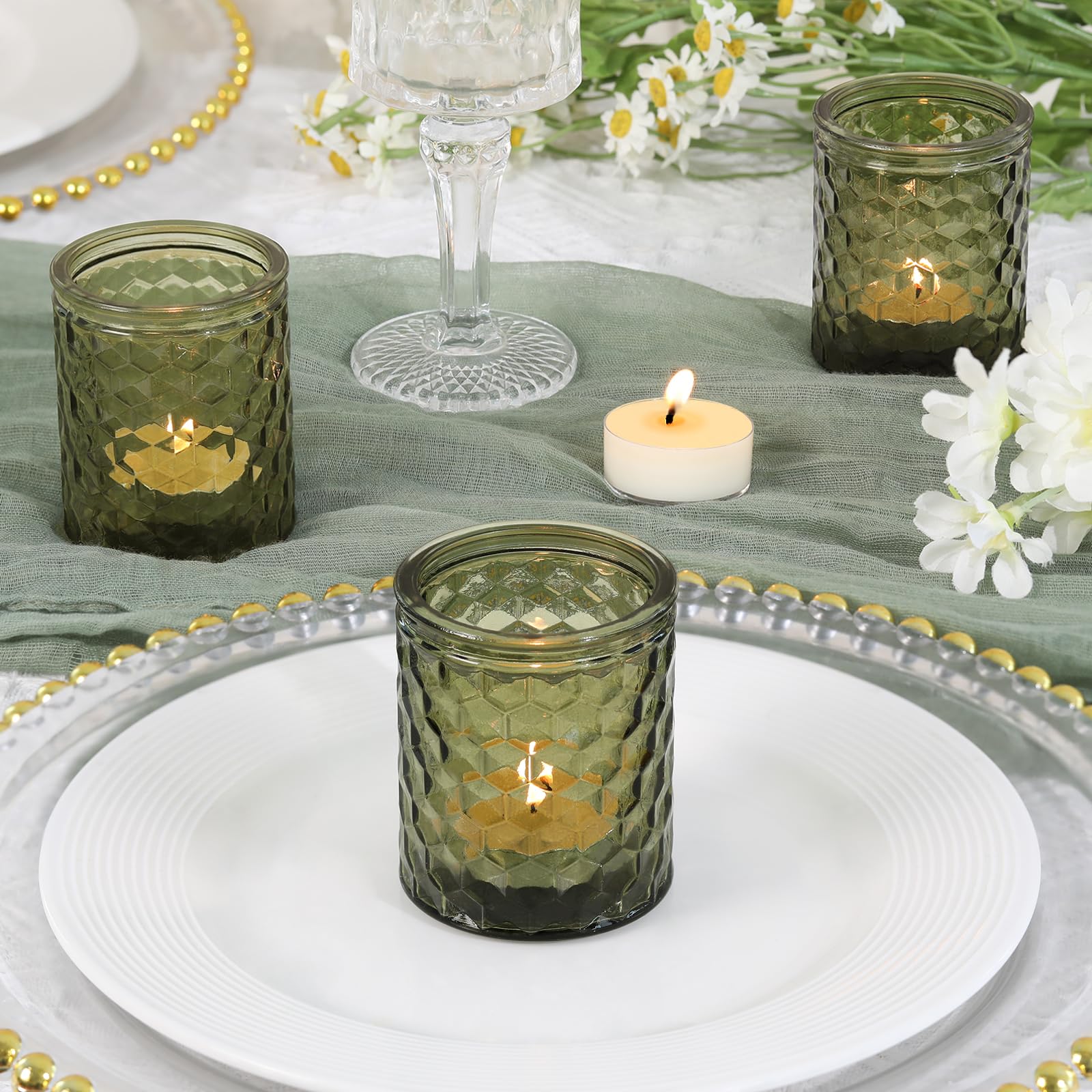 LETINE 12 Stück Teelichthalter, Glas Kerzenhalter, Langlebig und Hochwertige Grüner Teelichtgläser, 6,7 X 5,5 cm kerzengläser, Geeignet für Partys, Festivals, Hochzeiten, Heimdekoration