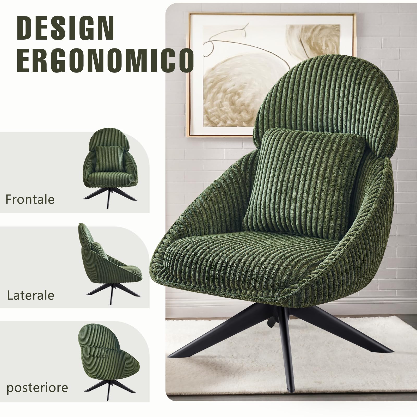 Loungesessel Sessel Wohnzimmer 360°Drehbar, Ohrensessel Armlehnstuhl Polsterstuhl mit dickem Abnehmbares Wurfkissen, Lesesessel Relaxsessel für Wohnzimmer Schlafzimmer Büro, Grün