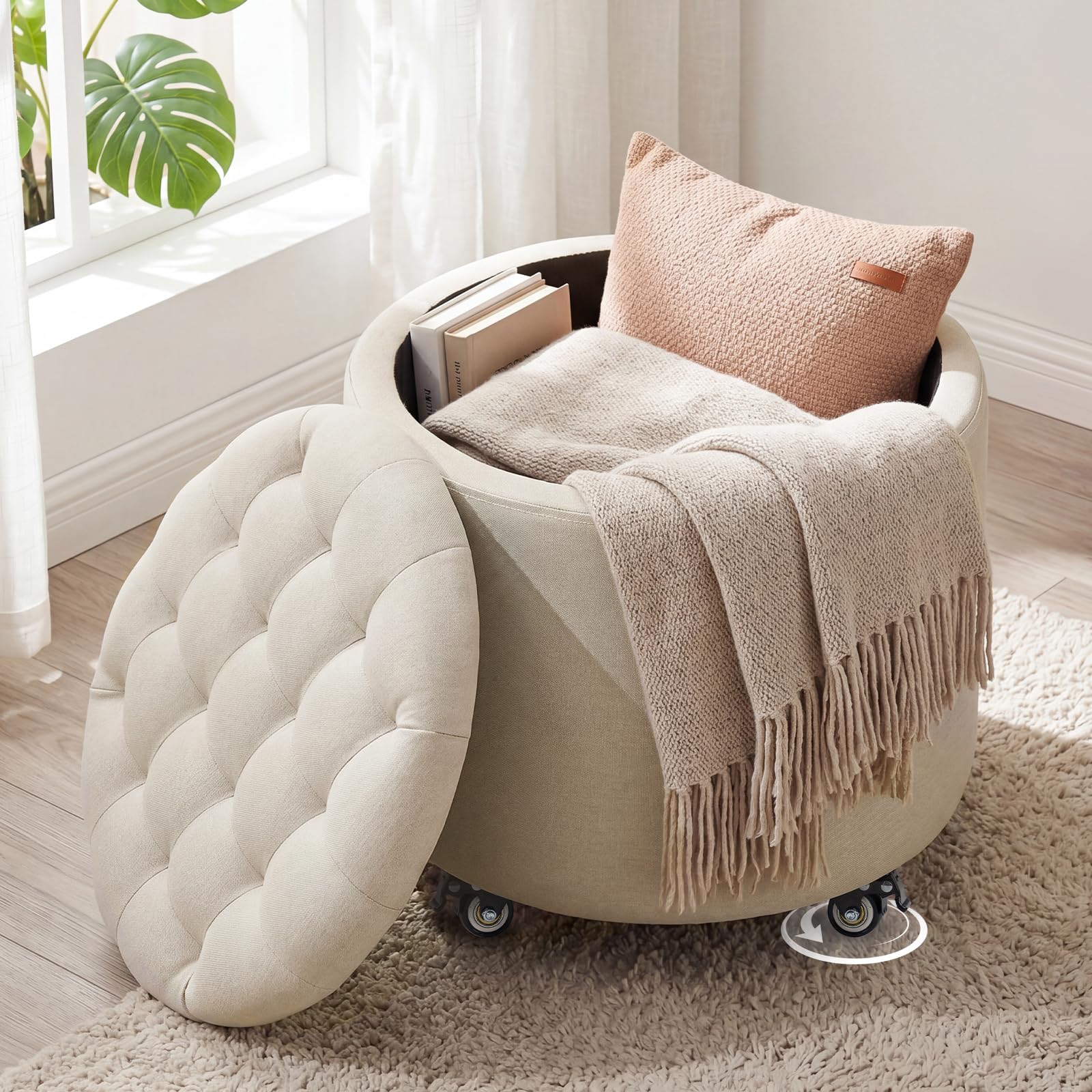 Pouf Contenitore con Ruote, 48cm Pouf Poggiapiedi Rotondo, Sgabello Imbottito con Lavorazione Capitonné e Coperchio Rimovibile per Soggiorno, Camera da Letto e Sala da Pranzo, Lino, Beige