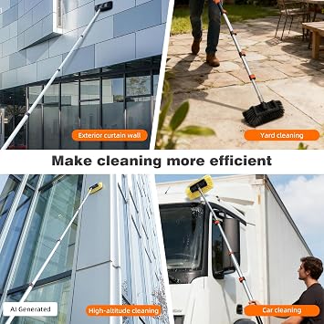 12FT Car Wash Brush with Long Handle, Car Cleaning Brush with 12 Soft Bristle and 12 Hard Bristle, 3-12Ft Telescopic Pole for Scratch-Free Cleaning Truck,RV, Boats,House Siding,Floors,Solar Panels