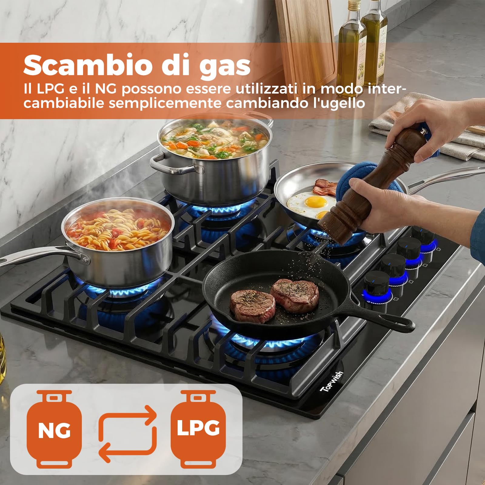 TOPWISH piano cottura gas incasso, piano cottura 4 fuochi gas, con Blu manopole illuminate, NG/LPG convertibile, protezione flame-out, accensione elettronica, 8000 Watt
