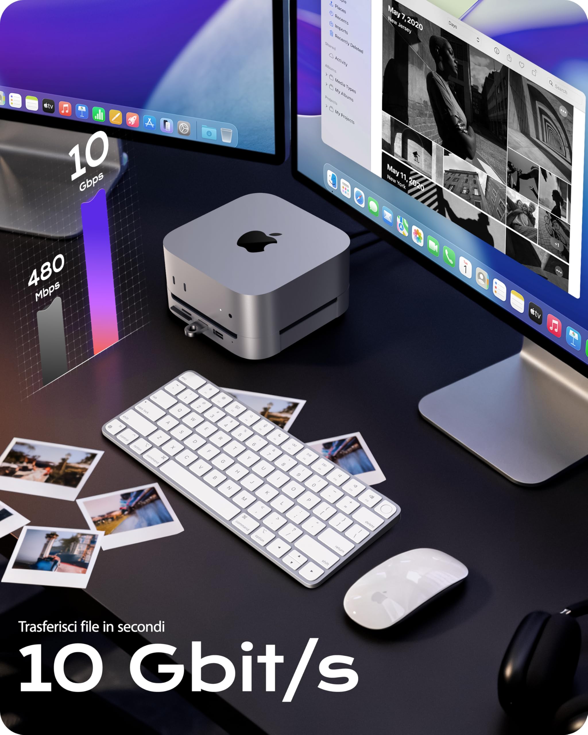 Stouchi Mac Mini M4 Dock Stand con 8TB NVMe SATA SSD Enclosure, 2* USB A 10Gbps, 4K@60Hz HDMI, SD/TF Slot, 2* USB A Data Port, Audio 3.5mm, Pulsante di accensione facile e Wi-Fi stabile per Mac mini