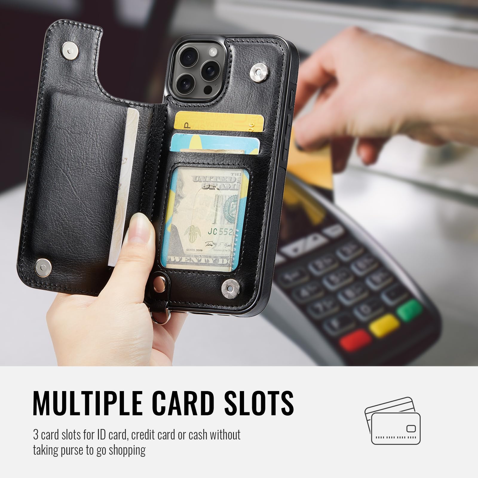 for iPhone 15 Pro Wallet Case with Card Holder, Case for iPhone 15 Pro with RFID Blocking, Kickstand Card Slots Case, Double Magnetic Clasp and Durable Shockproof Wrist Strap Cover (Black)