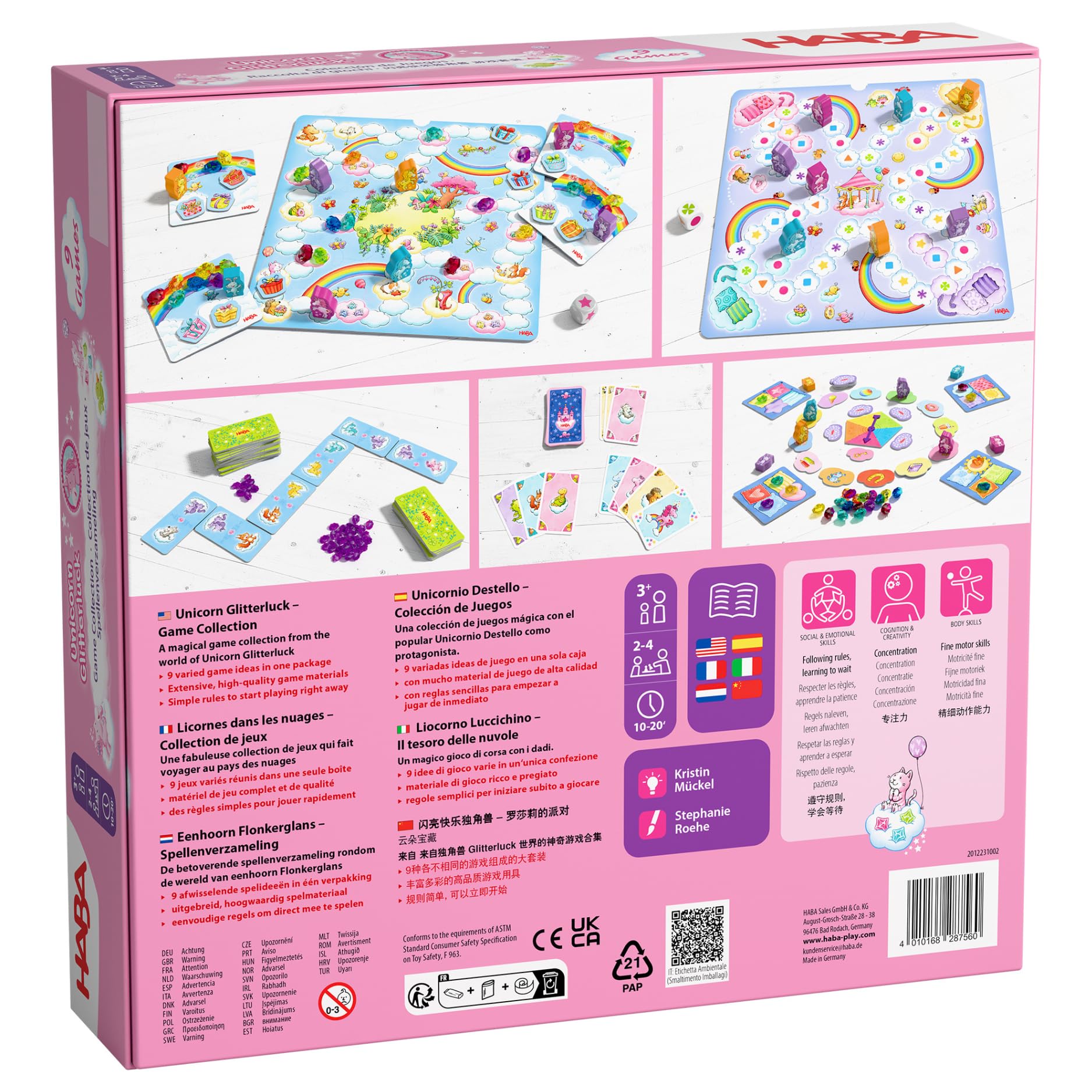 HABA Licornes dans Les Nuages – Collection de Jeux à partir de 3 Ans avec 9 Jeux de dés, de Cartes et de Plateau variés pour 2 à 4 Enfants, faciles à Expliquer – 2012231002