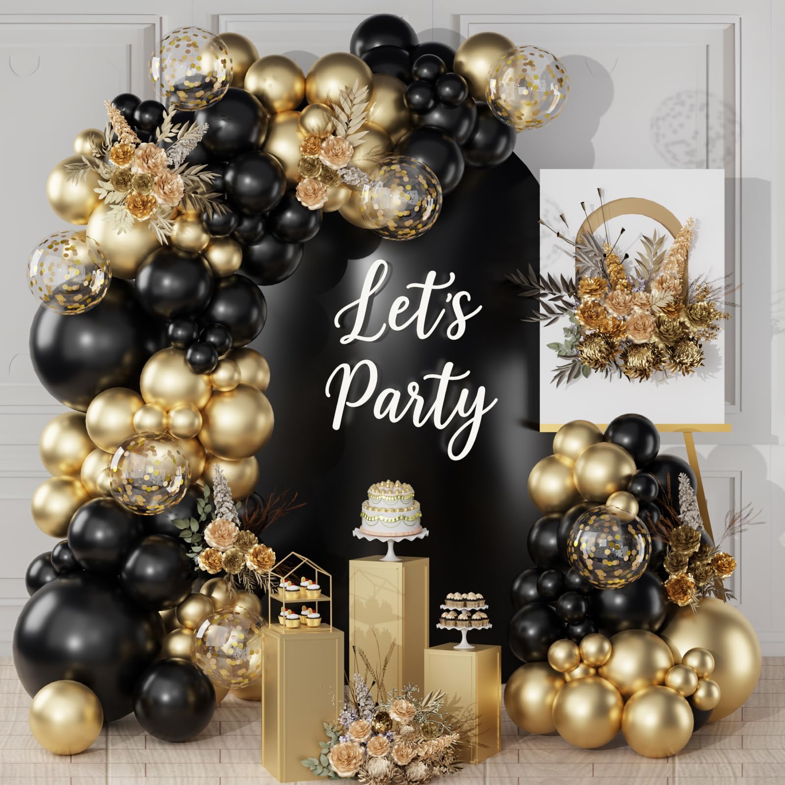 Black and Gold Balloon Arch Kit, 113Pcs Black and Gold Balloons, Confetti Latex Balloons, Happy Birthday Balloon Arch for Men Women Graduation Birthday Decorations Engagement Wedding Party Decorations