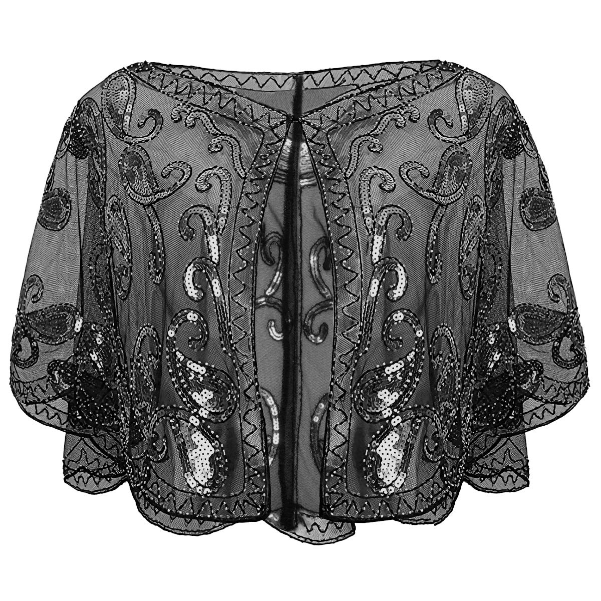 1920s Shawl Sequin Beaded - Evening Cape Women's 1920s Shawl Wedding Party Scarf 1920 Flapper Wrap Vintage Bridal Dress Costume Balck