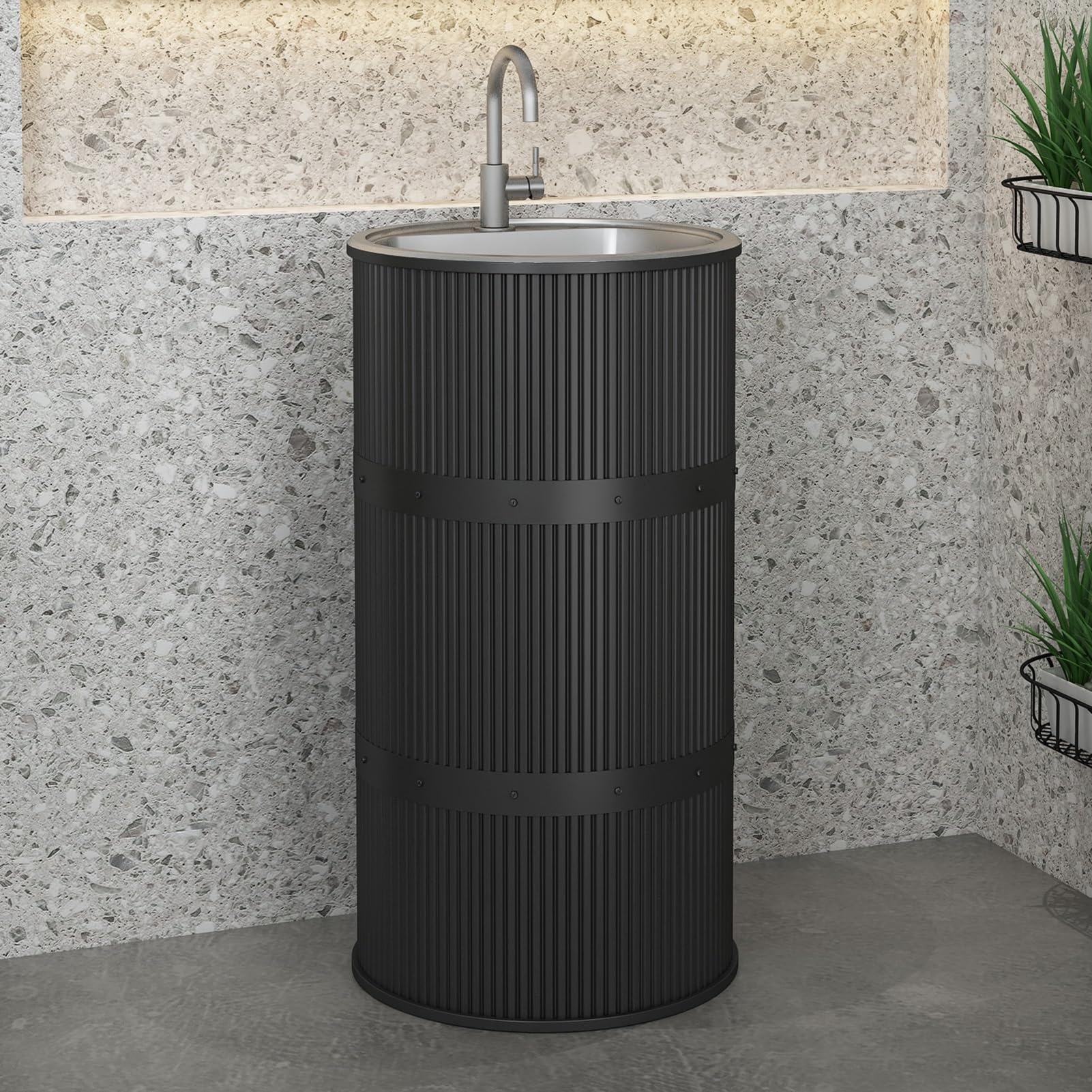 Freestanding Pedestal Sink, Piece Pedestal Sink?Pedestal Bathroom Sink, Industrial Style Washbasin with Faucet for Bathroom Outdoor School Hotel(Black,B-83x41cm)