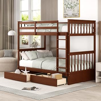 Merax Wood Bunk Bed with Drawers, Twin Over Twin Size Convertible Bunk Bed with Ladders and Two Storage Drawers,Solid Wood Detachable Bed Frame with Ladders, Walnut