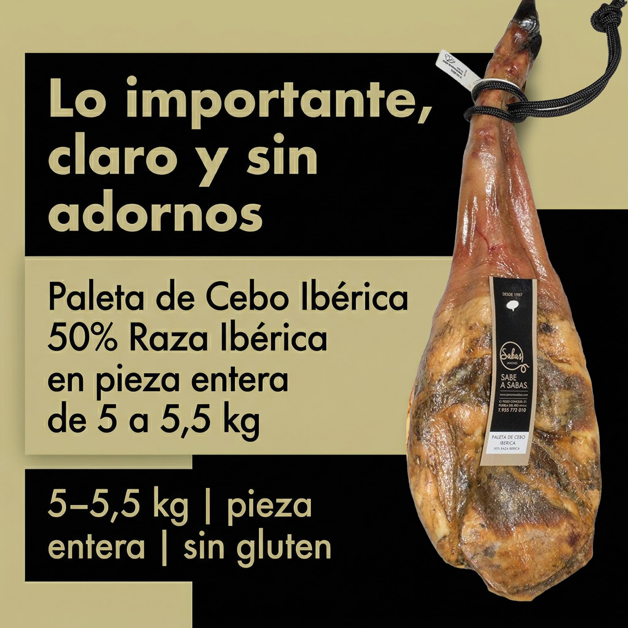 Paleta Iberica de Cebo Pieza Entera 50% Raza 5,5 Kg Curacion 22 Meses | Paletilla curada en secadero natural, sin gluten, ideal jamonero, regalo gourmet navideno y celebraciones