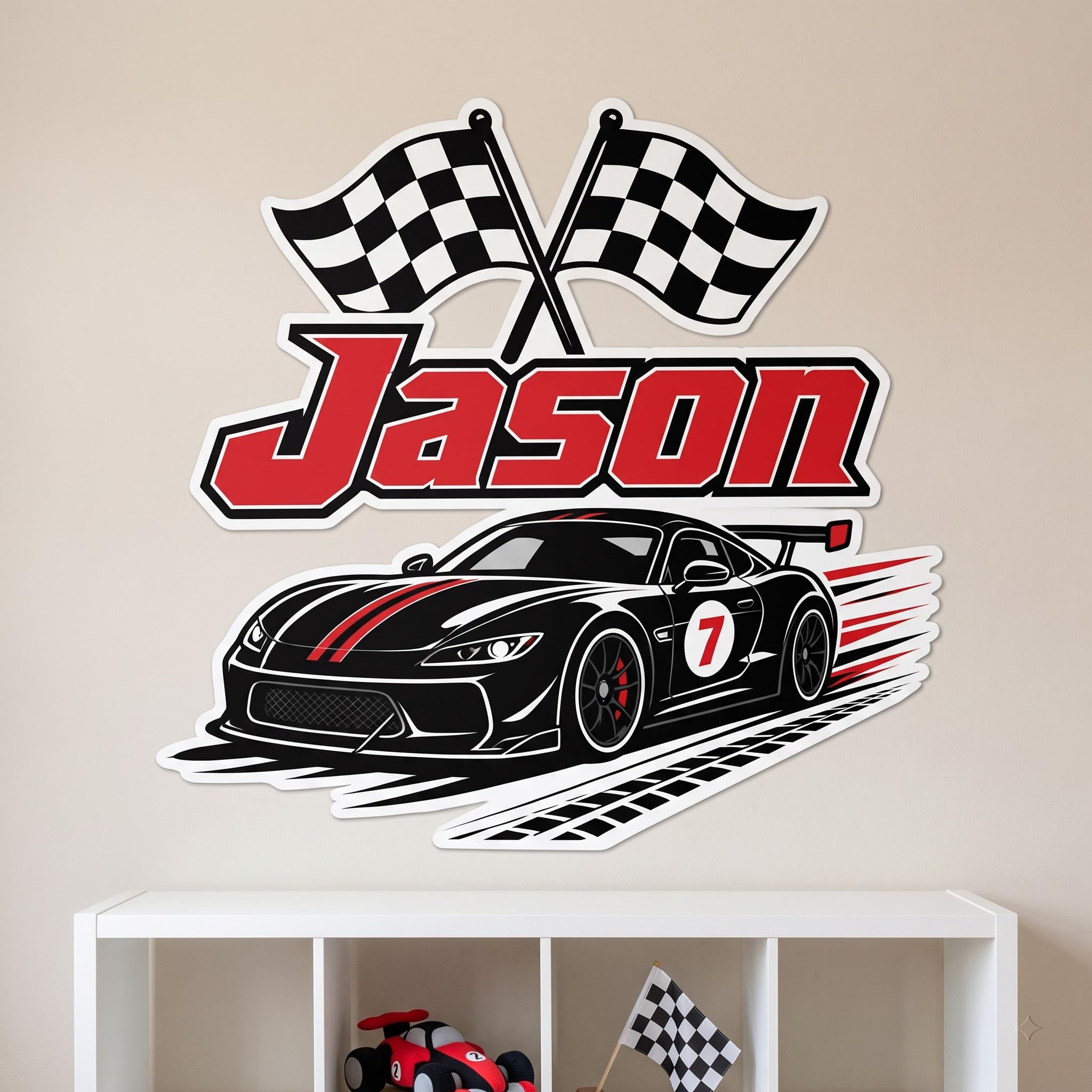 Racing Cars Stickers for Kids Playroom, Personalized Race Car Room Decor Custom Name Decal for Boys Bedroom Nursery Playroom (Style 4)
