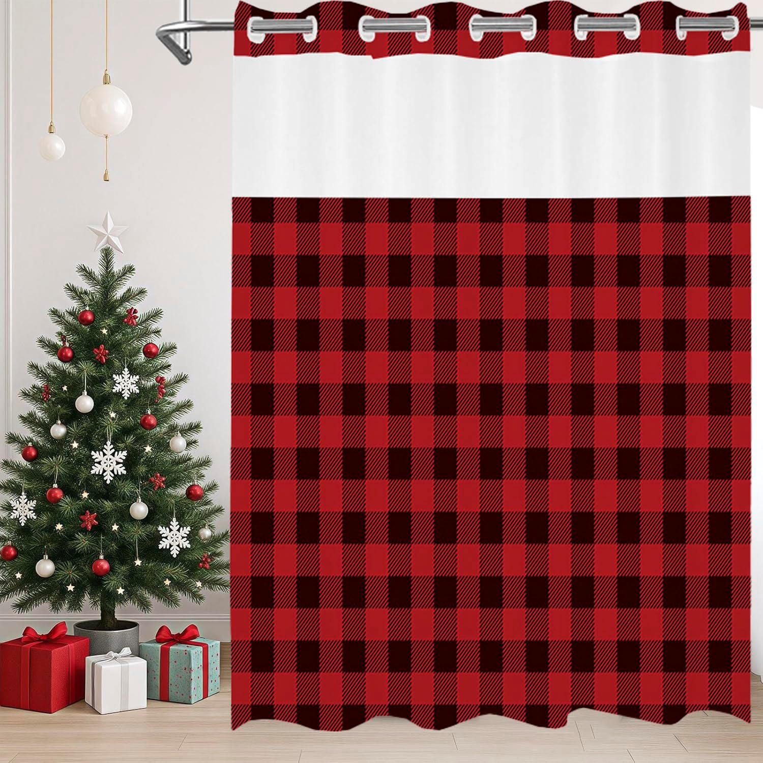 No Hook Red Black Buffalo Plaid Shower Curtain, Christmas Shower Curtain Plaid Bathroom Decor, Waterproof Polyester Fabric Holiday & Winter Christmas Decoration, 71" W x 74" L
