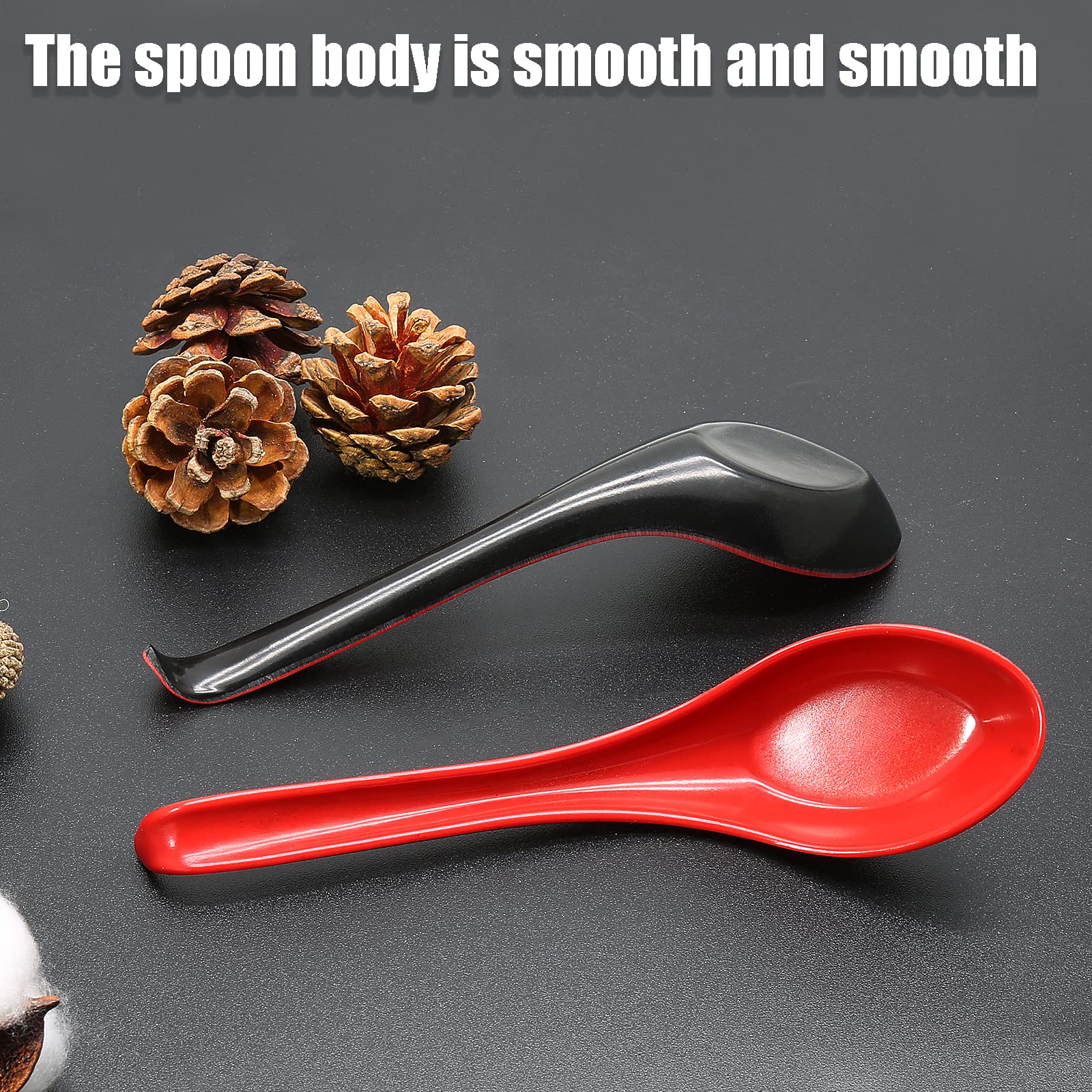 Lot De 5 Cuillères à Soupe Longues En Plastique – Rouge Et Noir – Pour Nouilles, Ramen, Won Ton – Longueur 16 Cm