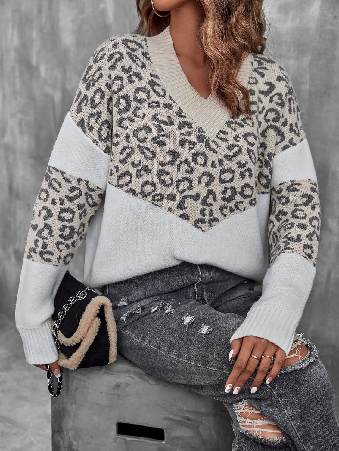 Women's Sweater Leopard Pattern Drop Shoulder Sweater Sweater for Women (Color : Multicolor, Size : Medium)