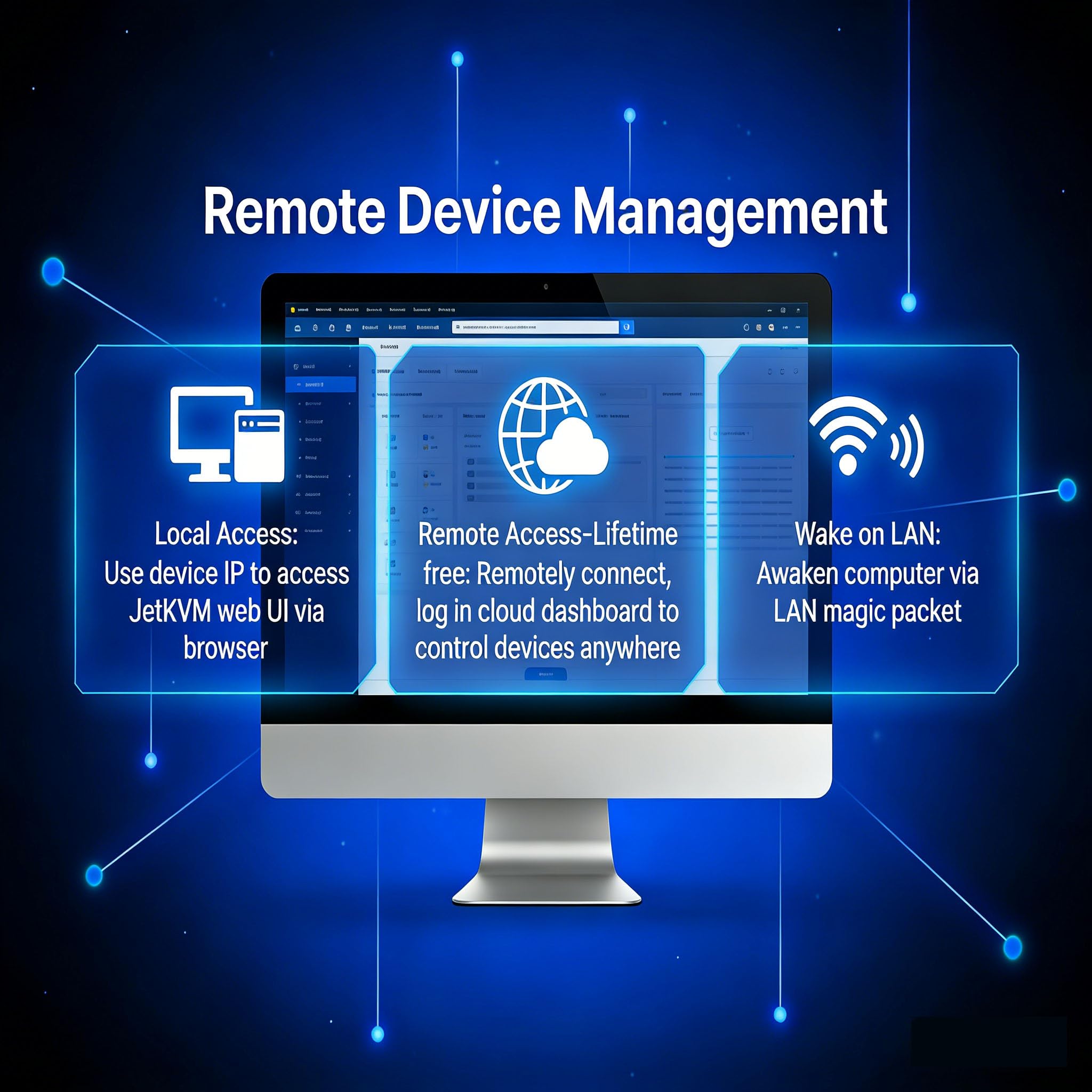 Open Source IP KVM Switch JetKVM Computer controllo remoto computer dispositivi attivi lP/MAC/HDMl/USB Stato LCD USB-C (alimentazione/tastiera/mouse) Mac/Windows/Linux (video operativo incluso)