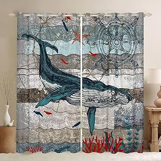 Dolphin Curtains for Bedroom Living Room (2 Panels, 42 x 84 Inch) Kids Cute Ocean Animal Blackout Curtains Coral Jumping Dolphins Darkening Dreapes Wood Grain Blue Grey Brown Window Treatments