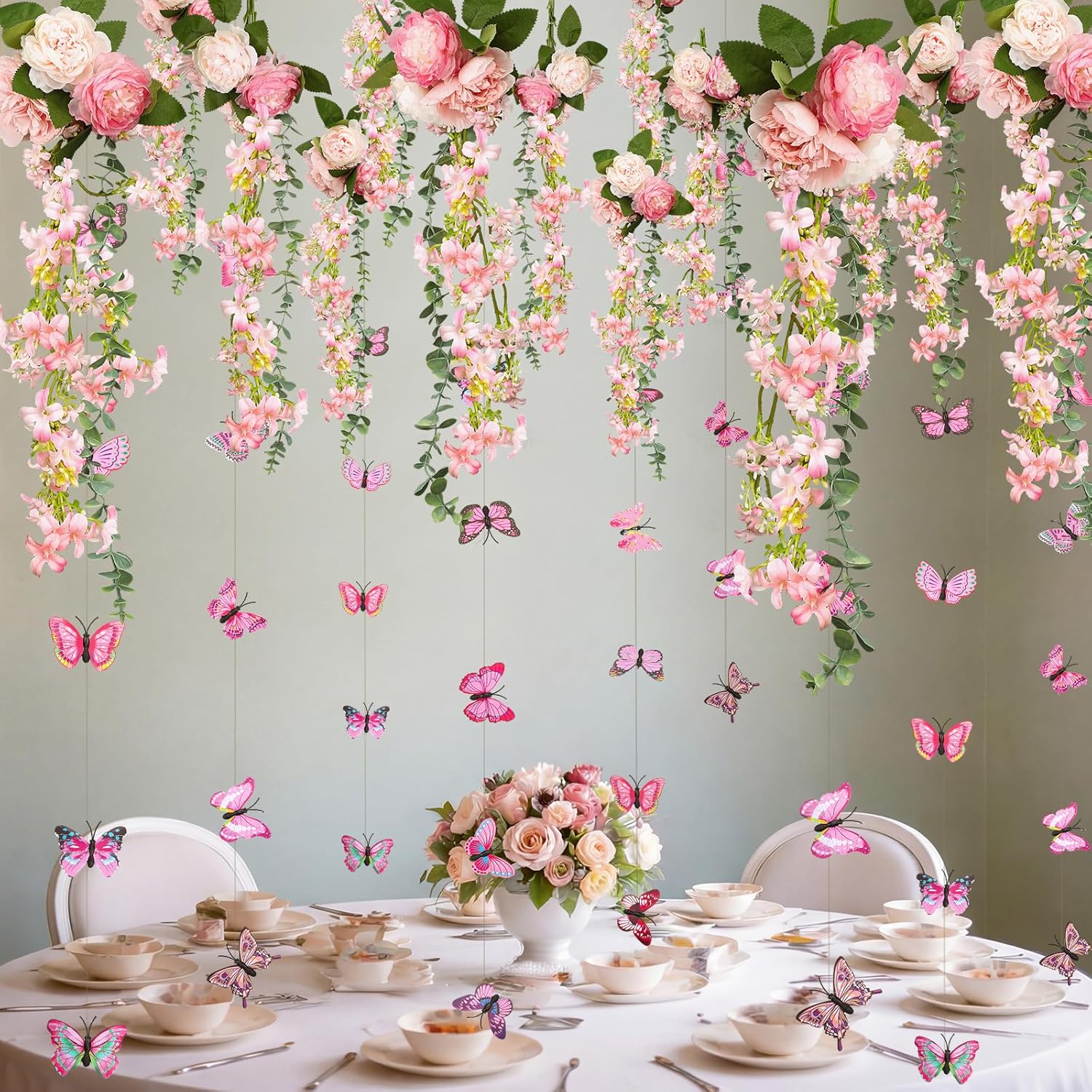 Giegxin 5 Pcs Wisteria Hanging Garland Artificial Flowers Vine Decor for Backdrop Ceiling Fairy Party Decoration 4.92ft Vine Greenery Peony Butterfly Decor Floating Floral Backdrop for Wedding Party
