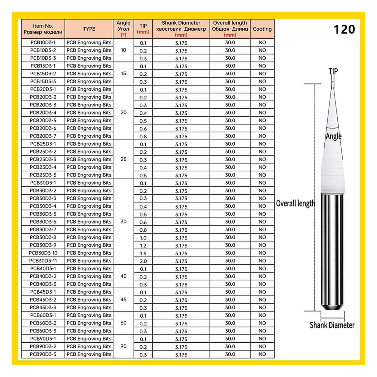 Gravierstichel D3.175 x10/15/20 Grad 2D 3D Fräser Schaft Wolframkarbid V-Form PCB Gravur Bit CNC Router Bit for Acryl PVC(3pcs,D6-0.1mmx90degree)