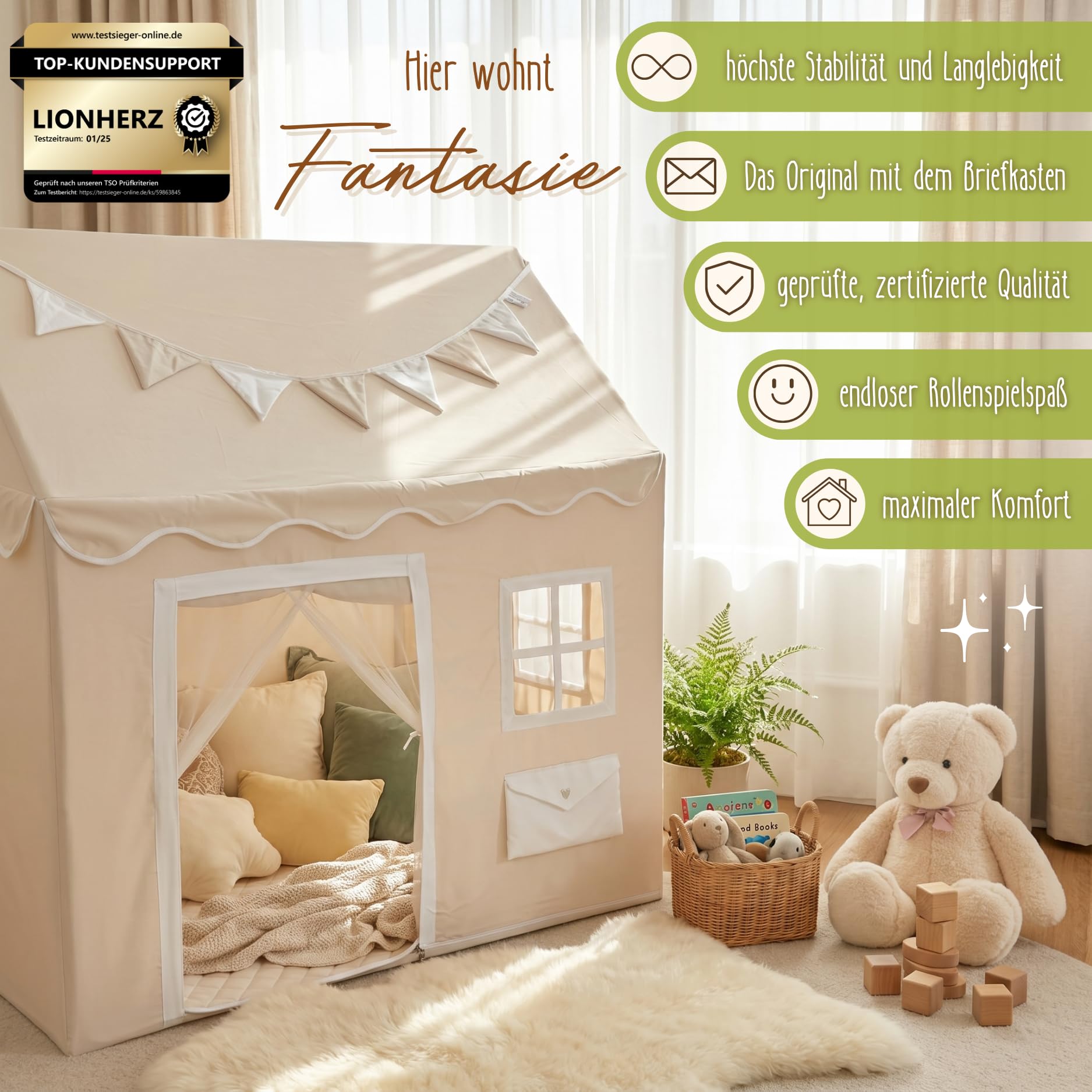 LIONHERZ® DAS ORIGINAL Spielhaus mit Briefkasten für Kinder | Indoor Spielzelt mit Matte & Wimpelkette | Kinderspielhaus mit 3 Fenstern & blickdichtem Türvorhang | Hauszelt Kinderzimmer (Cremeweiß)