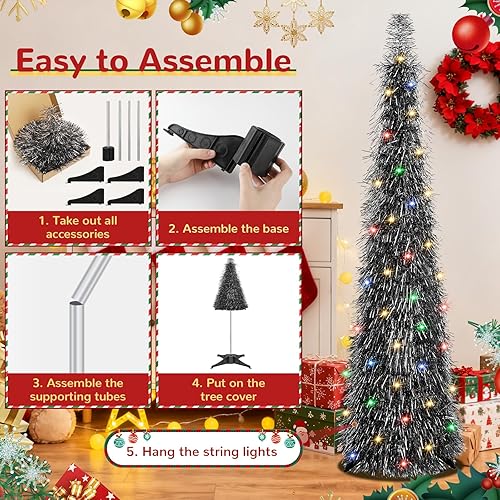 Miniatura 7 de Árbol de Navidad de oropel desplegable de 5 pies, árbol de Navidad plegable con 90 luces delgadas, árbol de Navidad artificial para el hogar,