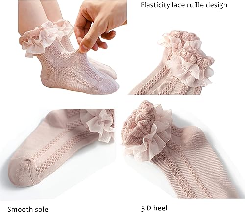 Miniatura 2 de 5 pares de calcetines de algodón con volantes de encaje para niñas y niños pequeños