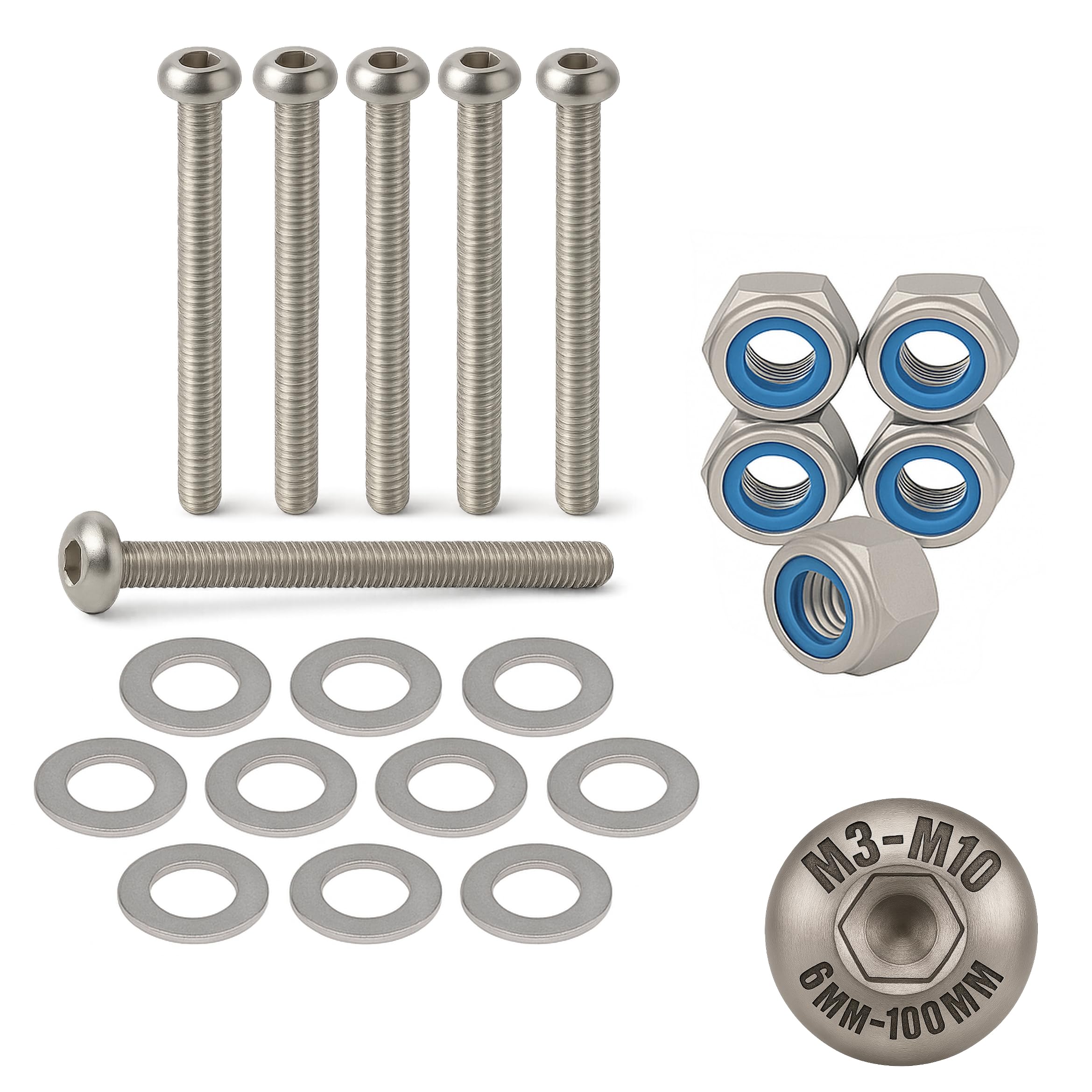 M10 x 100mm Hex Socket Button Head Nuts and Bolts and Washers Set (5PK) A2 Stainless Steel, Fully Threaded Screws For Construction, Automotive, Machinery