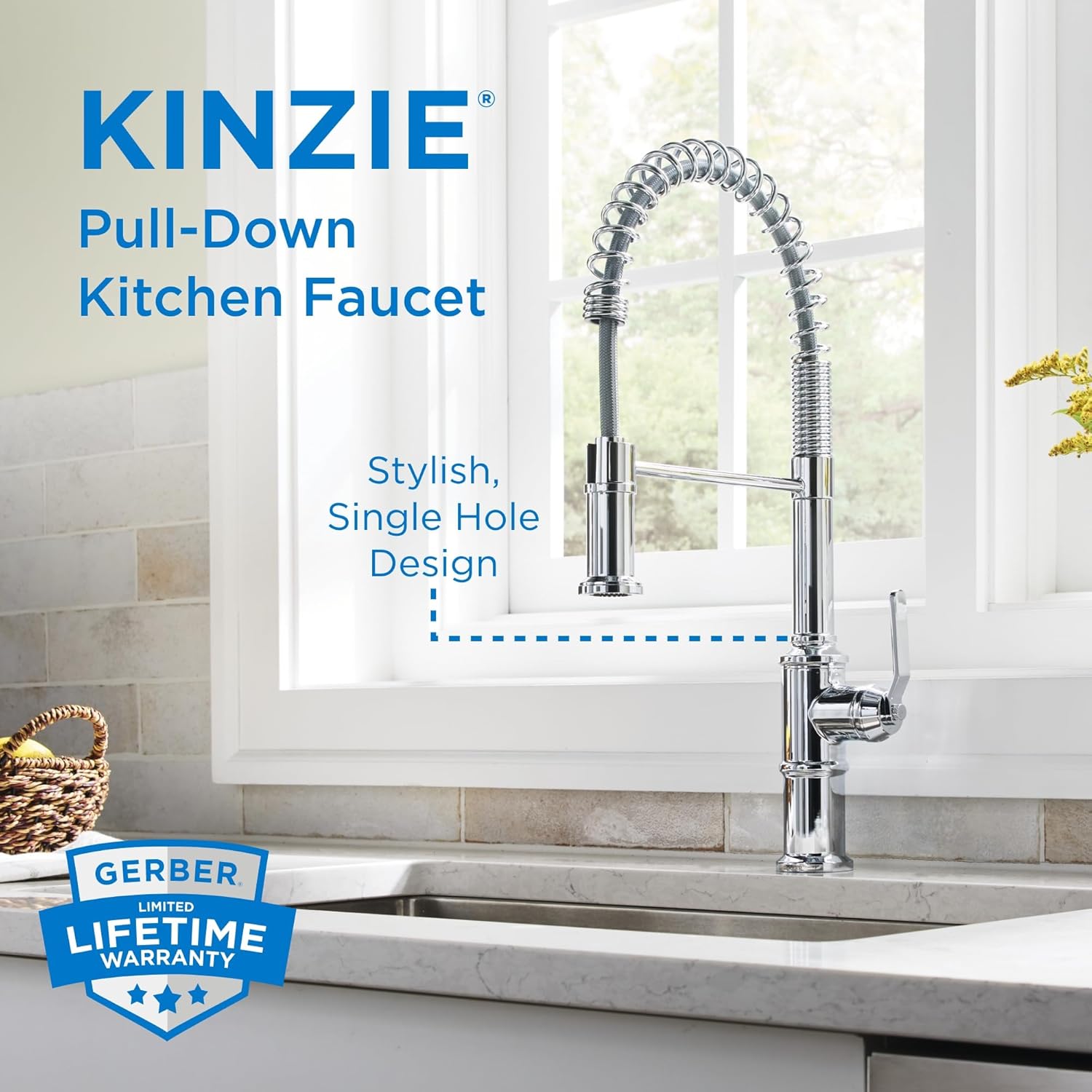 Gerber Kinzie Pre-Rinse Kitchen Faucet – Commercial-Transitional Style, Single Handle, High Arc Pull-Down Spring Spout, Dual Sprayhead, Metal Construction, 1-Hole Install, Chrome, D455337
