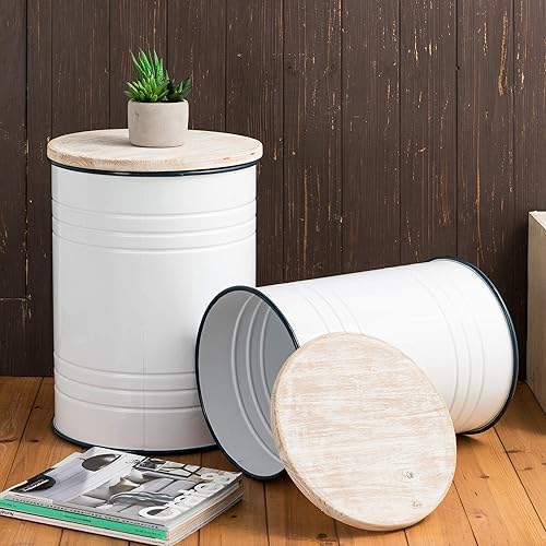 glitzhome Mesa anidable con almacenamiento, juego de 2 mesas auxiliares de granja con tapa, taburetes decorativos rústicos de barril de metal para