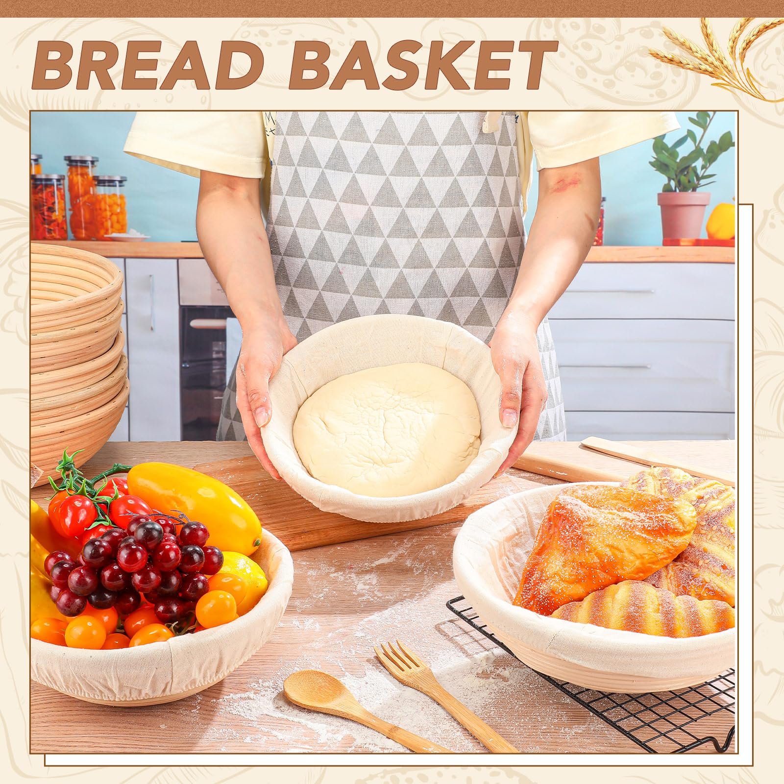 Gejoy 20 Sets Brotgärkörbe, Bulk-Form, Banneton, Teiggärschüssel-Set mit Stoffeinsatz und Kunststoffschaber, Sauerteig-Gärkörbchen für Zuhause, Sauerteig-Bäckerzubehör (rund, 21,6 cm)