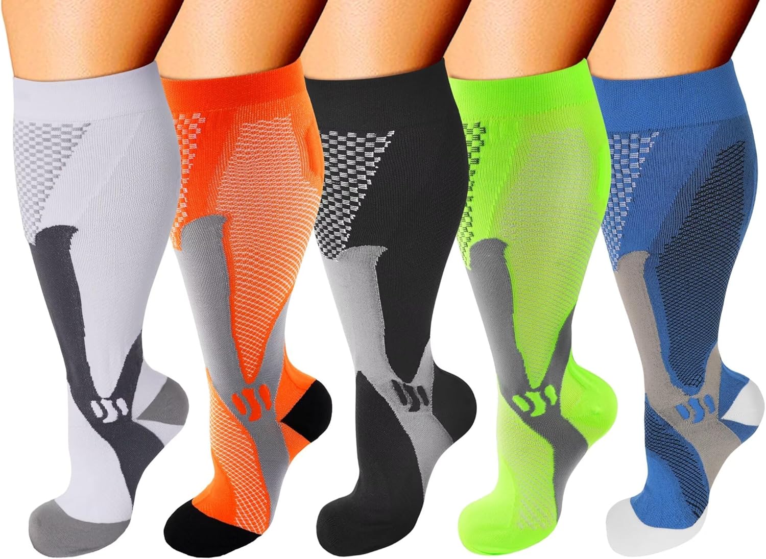 Double Couple 5 Pairs Wide Calf Compression Socks for Men Women Extra Plus Size Knee High Support