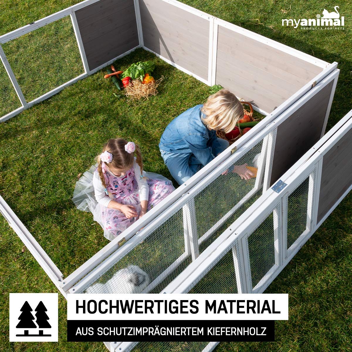 Miweba MyAnimal Hasenstall MH-06 | 180x180x60 cm - Kaninchenstall - XXL Freilaufgehege - Hasenkäfig - Kleintierkäfig - Holz imprägniert - Kaninchenkäfig Winterfest - Käfig - Hasenhaus (Grau/Weiß)