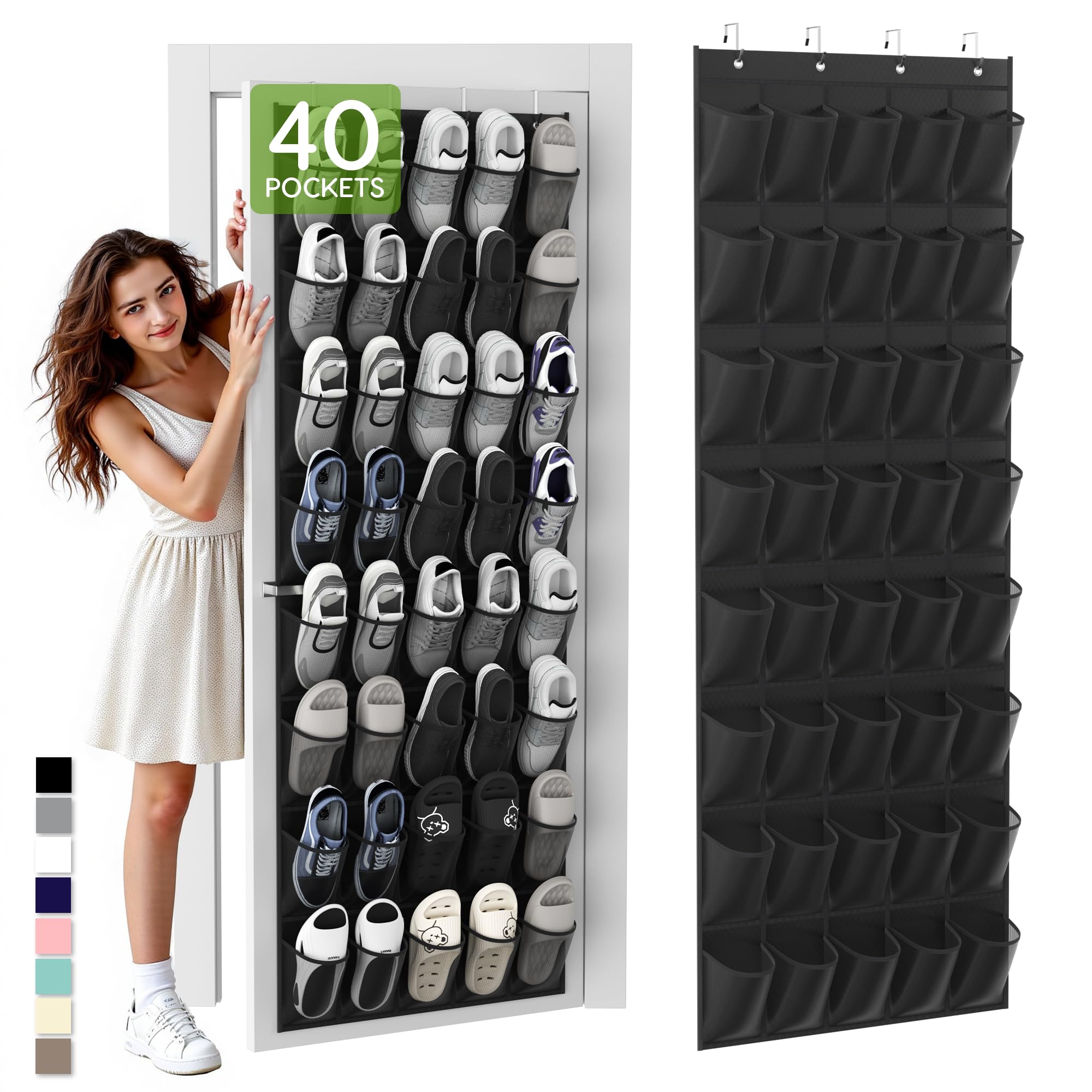 Organizador de zapatos sobre la puerta, 40 compartimentos, 64 x 19 pulgadas, color negro