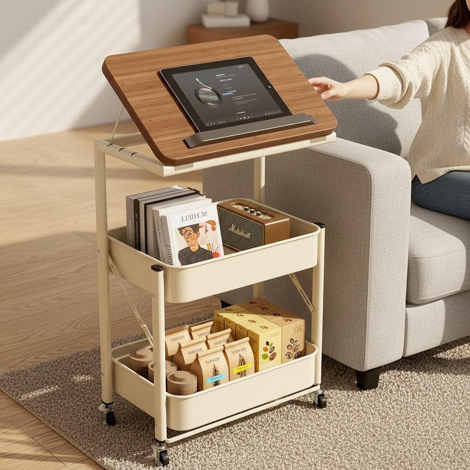 Gralara Carrito Utilitario con Ruedas, Multifuncional, Plegable, Organizador de Almacenamiento, Mesa Auxiliar Móvil, Bandeja para Sofá, de Noche, Blanco, Individual