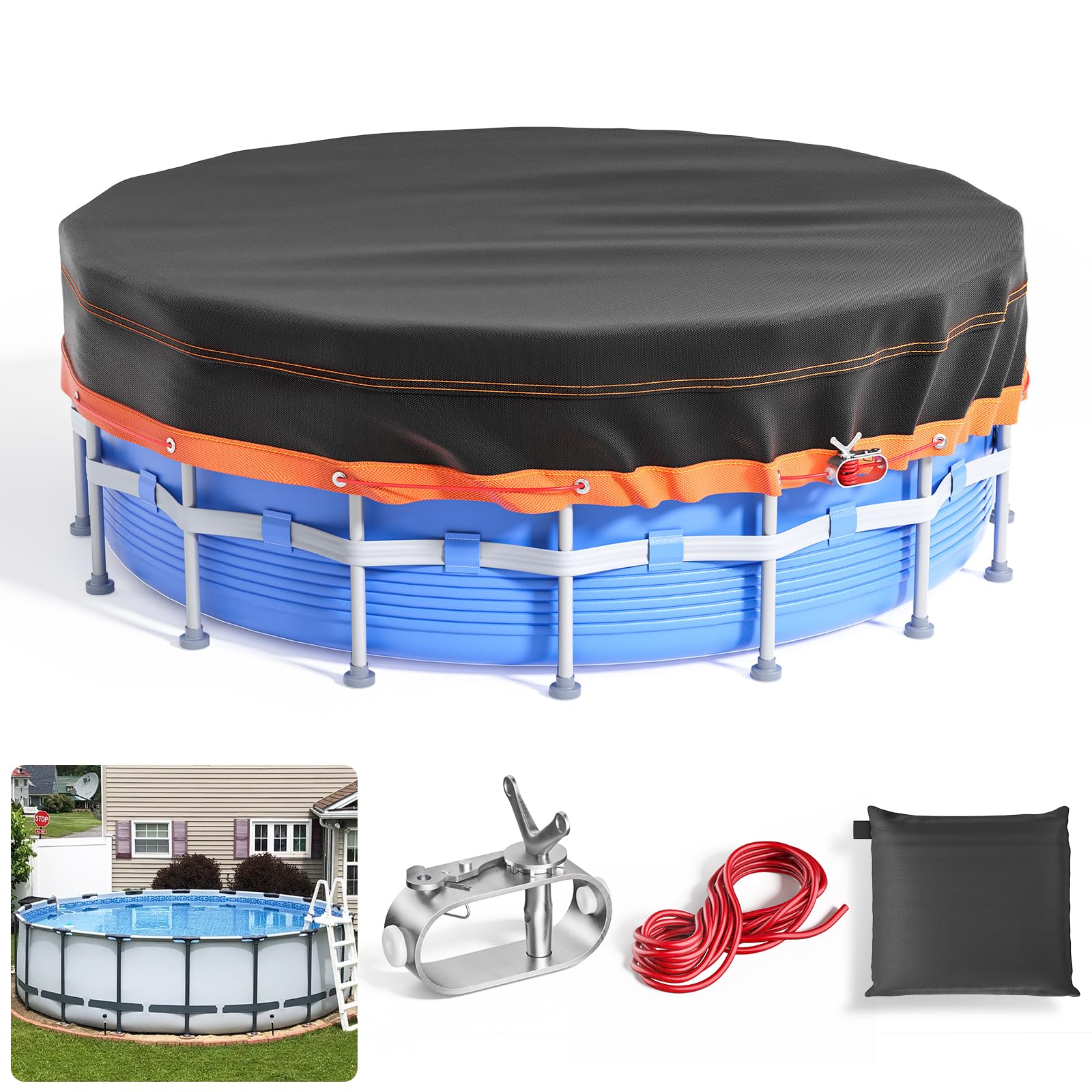 Poolabdeckung Rund 315cm, 10ft Poolabdeckung mit Kordelzug Whirlpool Abdeckung Schwimmbad Lagertank Abdeckplane, Wasserdicht Staubdicht Waschbar Oxford-Gewebe Stabilität Installation Schwarz