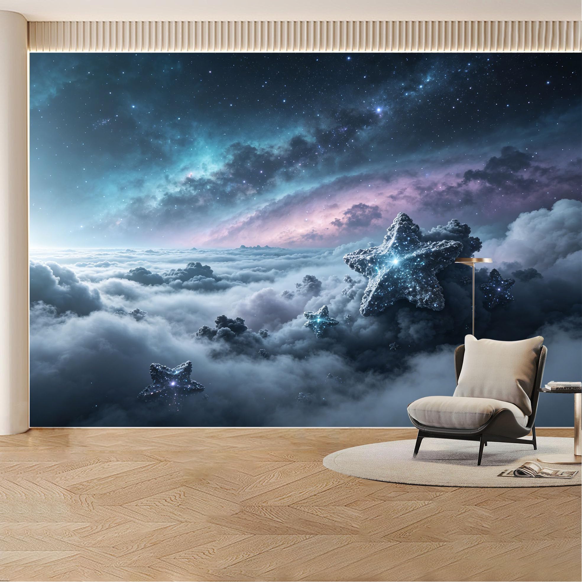 Custom Wall Mural Wallpaper Starry Night Sky Clouds， 3D Effect Landscape Wall Decor， Luxury Galaxy Celestial for Living Room， Bedroom， Office