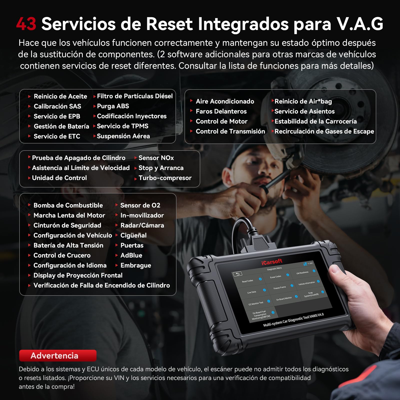 iCarsoft VAWS V4.0 Máquina Diagnosis Coche para VW/Audi/Skoda/Seat + 2 Marcas Opcionales, Escáner OBD2 Bidireccional de Todo el Sistema, 43 Funciones Reinicio para V.A.G, Auto Vin, Actualización WiFi