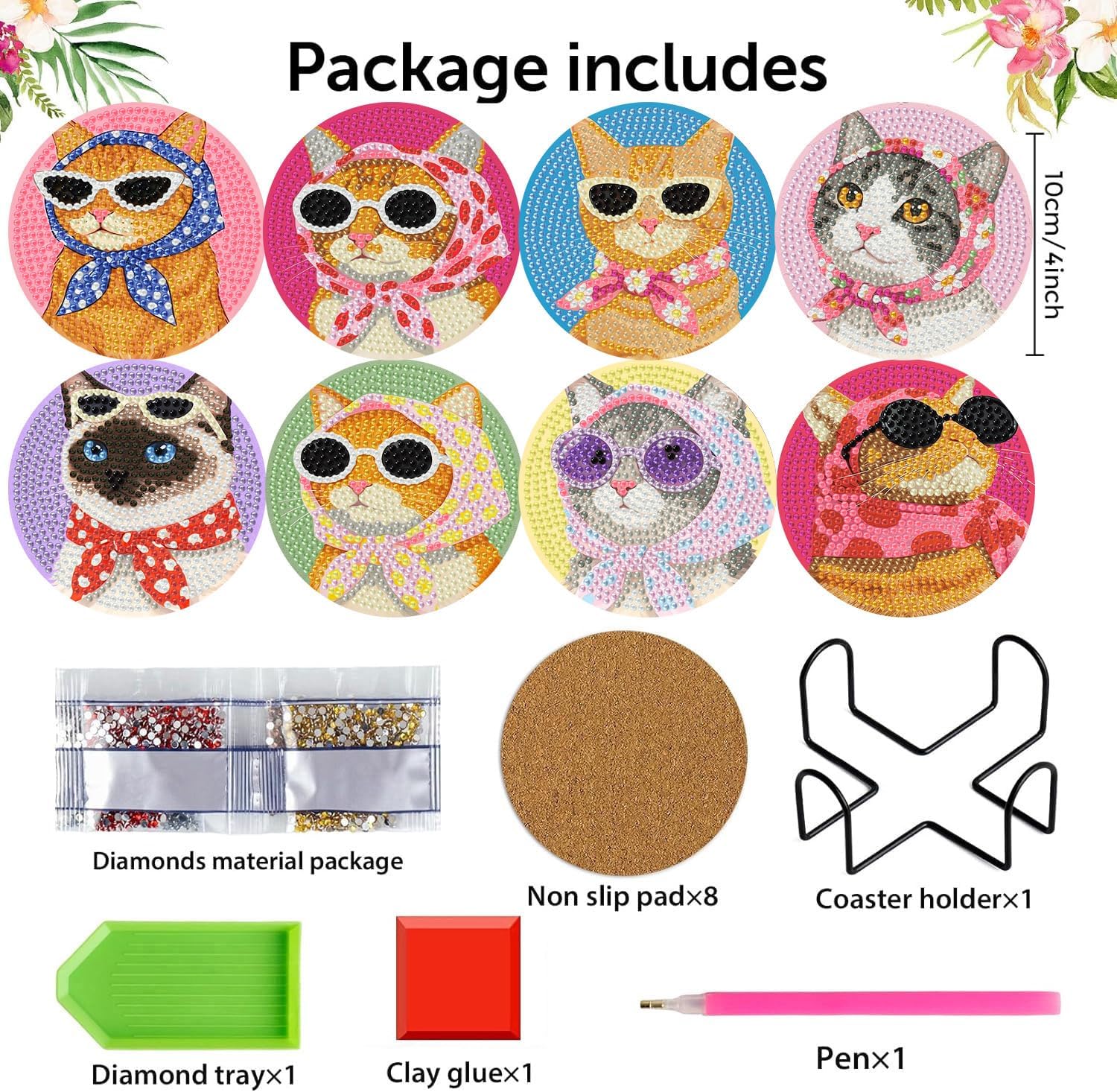 croshom Cats Diamond Art Coasters Kits, 8 Pieces Cats Diamond Painting Coasters with Holder, Cat Coaster Diamonds Art Painting Kits for Adults, 5D DIY Wooden Coaster for Gift